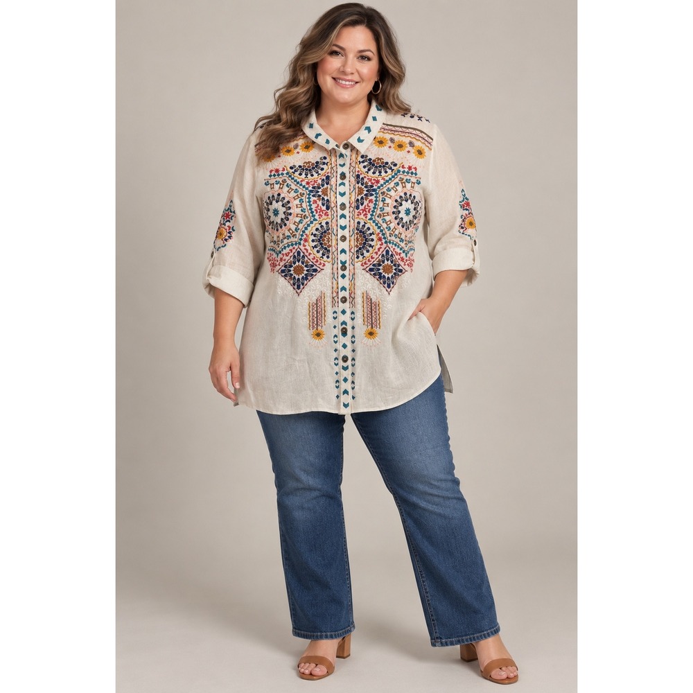 John Mark Embroidered Linen Shirt Womens 2X Ivory Boho Button Up J32852BW
